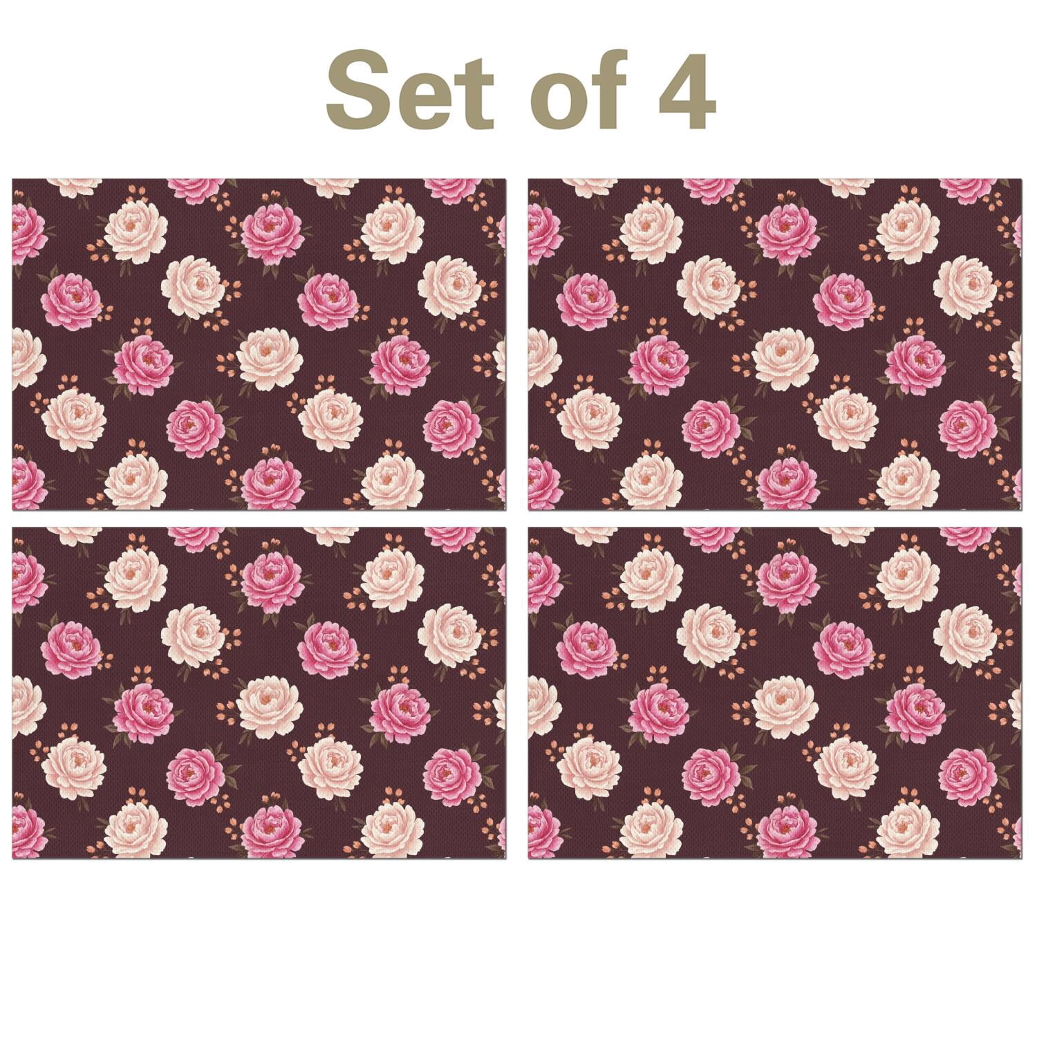 Polyyester Texture Watercolor Peony Floral Placemats Set Of 4, Heat Resistant Linen ...