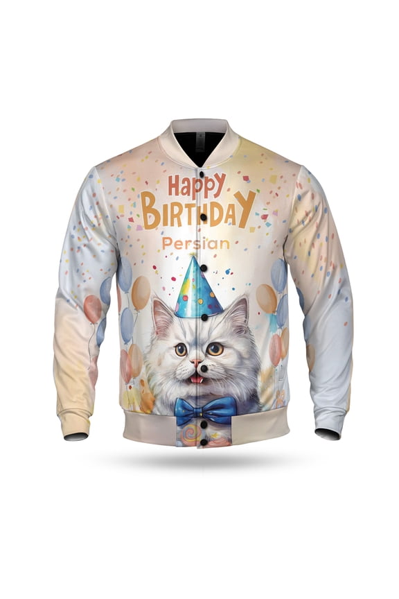 Watercolor Persian Happy Birthday Celebration Balloons Gift Party All Over Print 3D Baseball Jacket Cat Lover Kitten Owner Gifts Bomber Jacket Softball - 00028