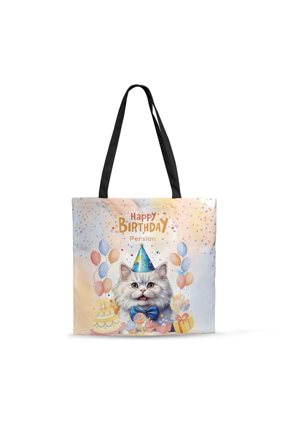 Watercolor Persian Happy Birthday Celebration Balloons Gift Party All Over Print 3D Canvas Tote Bag Cat Lover Kitten Owner Gifts Reusable Handbag - 00028
