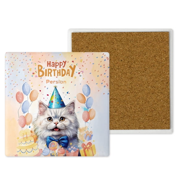 Watercolor Persian Happy Birthday Celebration Balloons Gift Party Set of 4 Stone Coasters Cat Lover Kitten Owner Gifts 4x4in Absorbent Soapstone Coaster - 00028