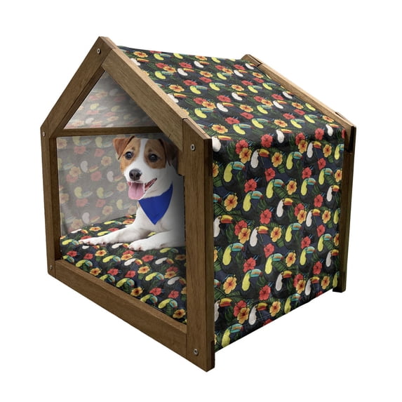 Watercolor Pet House, Toucan Birds and Hibiscus Flowers Tropical Exotic Hawaii Flora and Fauna Cartoon, Outdoor & Indoor Portable Dog Kennel with Pillow and Cover, 5 Sizes, Multicolor, by Ambesonne