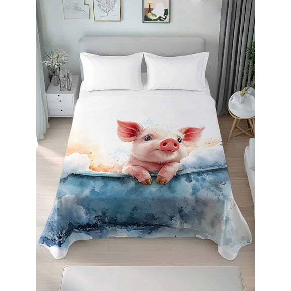 Watercolor Pig California King Size Flat Sheet, Wrinkleproof & Fadeproof Cooling Flat Bed Sheet Only, Pig in Bathtub Modern Art Blue Splashing Breathable Soft Bedding Top Sheets 108 x 98 Inches