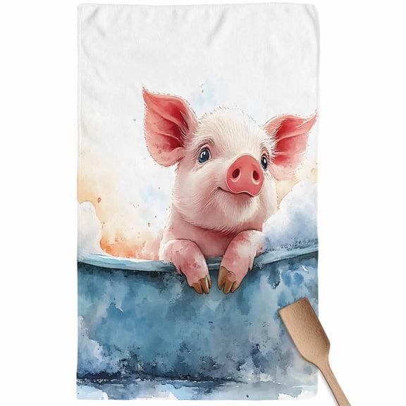 Watercolor Pig Kitchen Towel Dish Cloths Set of 1, Microfiber Soft Kitchen Hand Towels, Pig in Bathtub Modern Art Blue Splashing Absorbent Quick Drying Dishcloths 18 x 28 Inches