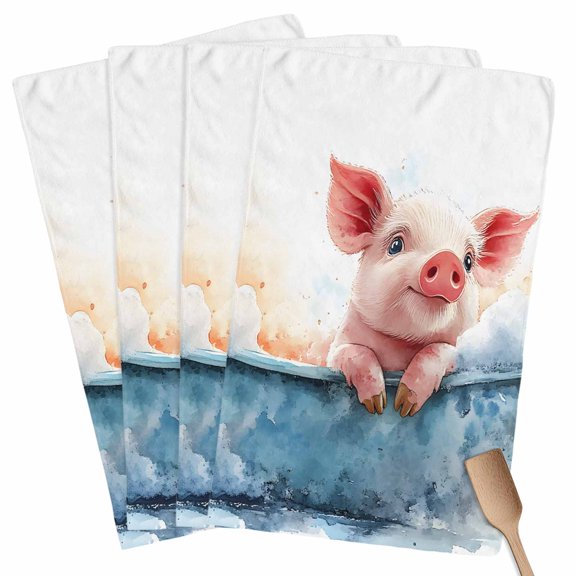 Watercolor Pig Kitchen Towel Dish Cloths Set of 4, Microfiber Soft Kitchen Hand Towels, Pig in Bathtub Modern Art Blue Splashing Absorbent Quick Drying Dishcloths 18 x 28 Inches