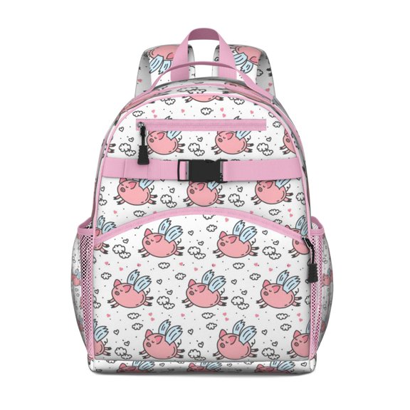 Watercolor Pig Students Backpack Adorable Farm Animal Print with Cute Cartoon Pig and Aesthetic Floral Design
