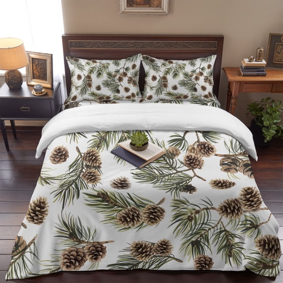 Watercolor Pine Branches Queen Size Bed Set,Pine Cones Seamless Bedding for All Seasons,4 Pcs Bed Set,1 Quiltcover (90"x90"),1 Sheet (90"x102"),2 Pillowcases (20"x30")