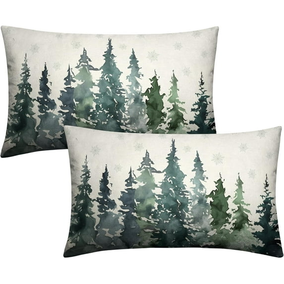 Watercolor Pine Tree Lumbar Pillow Covers Green Rustic Forest Throw Pillow Covers 12x20 Set of 2 Winter Xmas Tree Snowflakes Rectangular Pillowcase for Living Room Couch Sofa