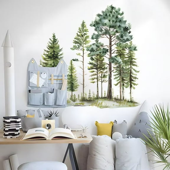 Watercolor Pine Tree Wall Decals Christmas Woodland Wall Stickers Nursery Bedroom Living Room Wall Decor Playroom,Kindergarten Decor Transparent PVC sticker(H: 32inches)