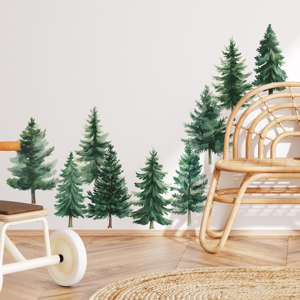 Watercolor Pine Tree Wall Decals Green Pine Tree Wall Sticker Large Tree Wall Decals Nature Woodland Forest Tree Wall Stickers for Nursery Bedroom Living Room Decor Peel and Stick