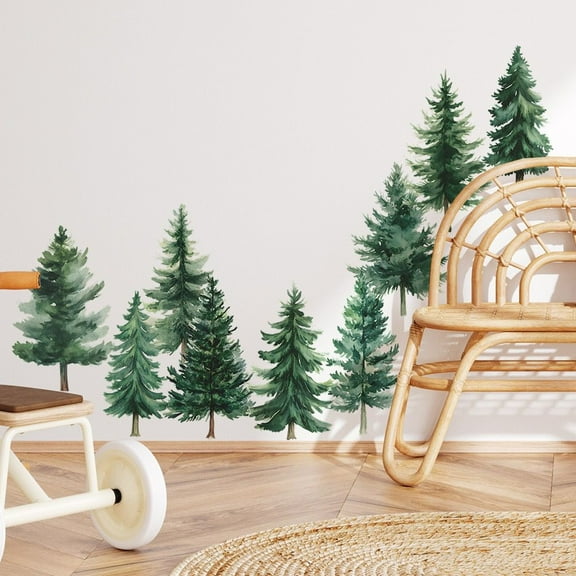 Watercolor Pine Tree Wall Decals Green Pine Tree Wall Sticker Large Tree Wall Decals Nature Woodland Forest Tree Wall Stickers for Nursery Bedroom Living Room Decor Peel and Stick