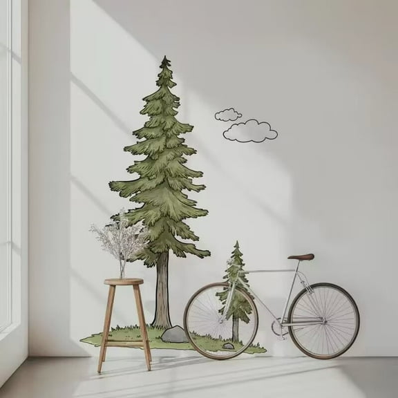 Watercolor Pine Tree Wall Stickers Large Tree Wall Decals Peel and Stick Green Trees Wall Decals Christmas Tree Wall Stickers Forest Tree Wall Stickers for Nursery Bedroom Kids Room Decor