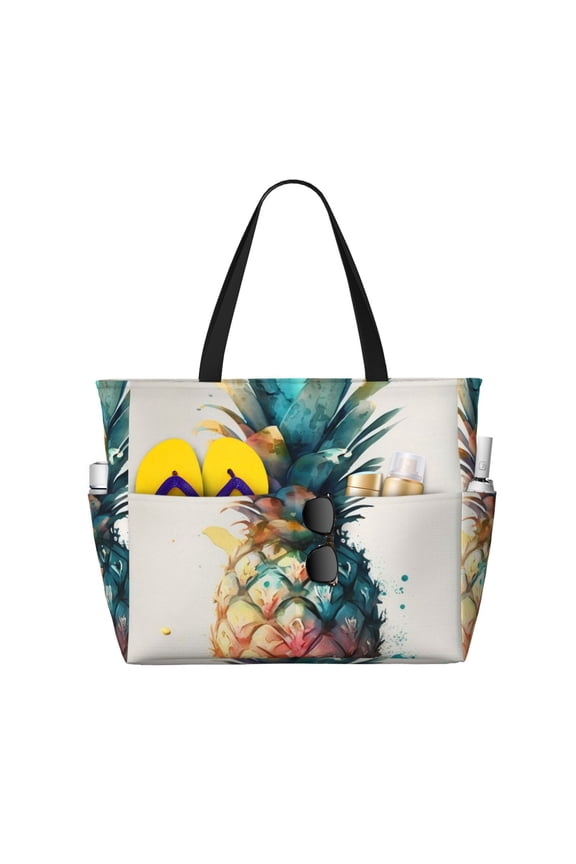Watercolor Pineapple Art Large Capacity Beach Travel Tote Bag Shoulder Handbag for Gym Camping Shopping