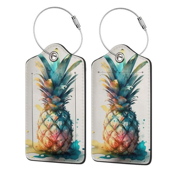 Watercolor Pineapple Art Luggage Tag for Suitcase 2 Pack Leather Travel Bag Baggage Identifiers Privacy Cover ID Label