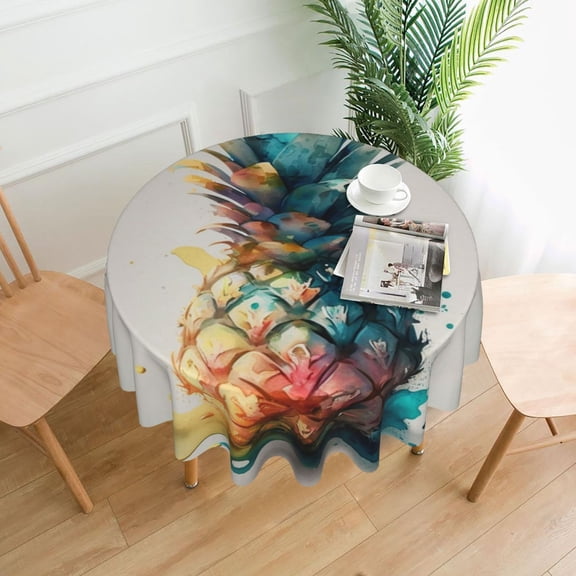 Watercolor Pineapple Art Tablecloths Round 60 inch Fabric Table Cloth Cover for Dining Kitchen Wedding Party