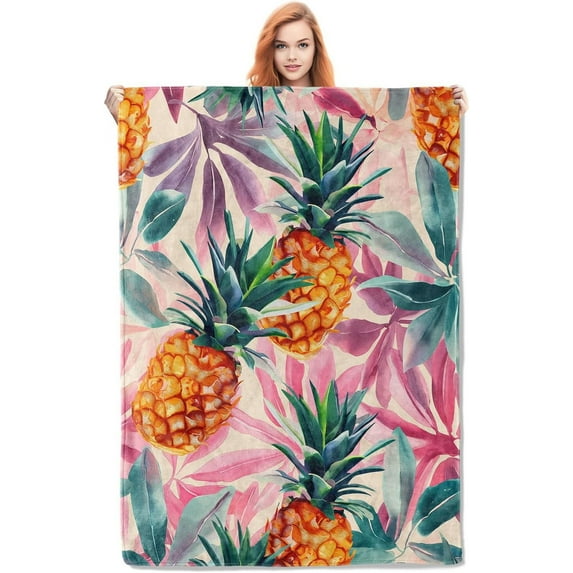 Watercolor Pineapple Blanket Gifts for Adults Kids Soft Warm Lightweight Cozy Tropical Pink and Green Foliage Throw Blankets for Bed Sofa Couch Living Room Decor 50x40in