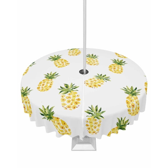 Watercolor Pineapple Seamless on White Round Tablecloth with Zipper,Waterproof Table Cloth with Umbrella Hole Patio Tablecloths for Outdoor Tables,Summer Fruit Washable Spillproof Table Cover