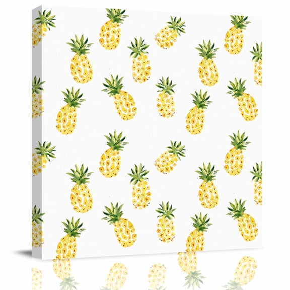 Watercolor Pineapple on White Canvas Artwork Painting Art, Seamless Summer Fruit Square Framed Wall Decorations Prints Picture for Bedroom Kitchen Living Room, 8x8 in