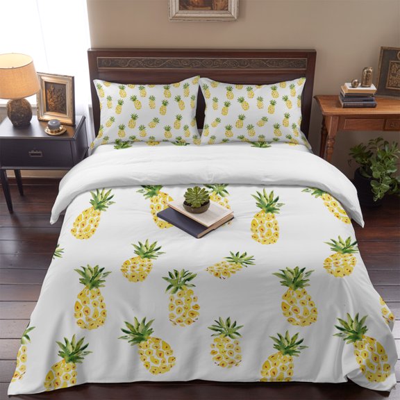 Watercolor Pineapple on White Queen Size Bed Set,Seamless Summer Fruit Bedding for All Seasons,4 Pcs Bed Set,1 Quiltcover (90"x90"),1 Sheet (90"x102"),2 Pillowcases (20"x30")