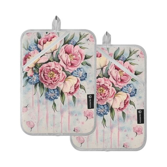 Watercolor Pink Art Flowers Oven Mitts Pot Holders 2 pcs Heat Resistant for Kitchen Baking Grilling