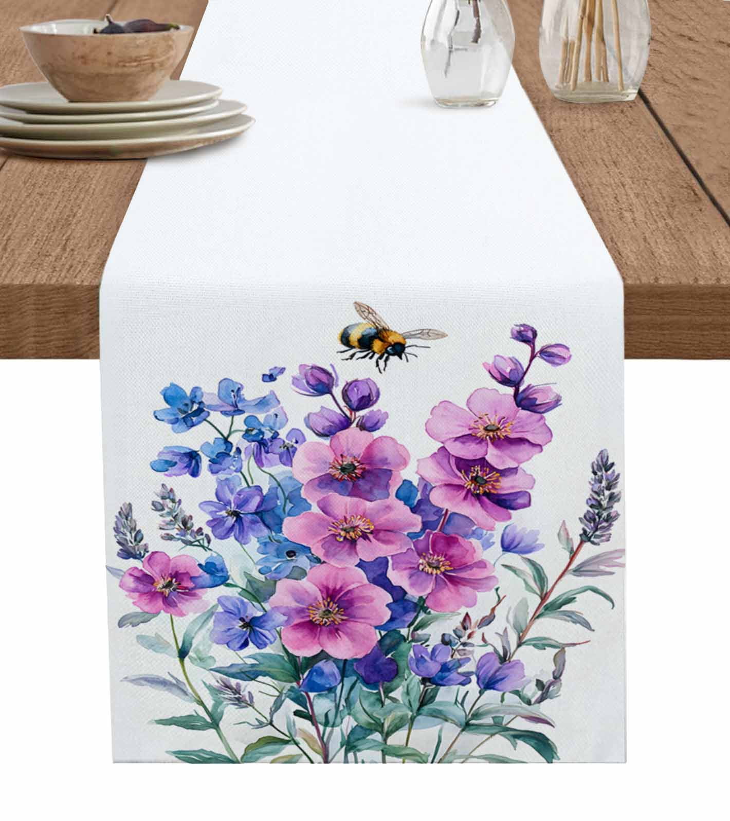 Spring Table Runner 108 Watercolor Pink Blue Floral Table Runner 108 Inches, Spring Botanical ...