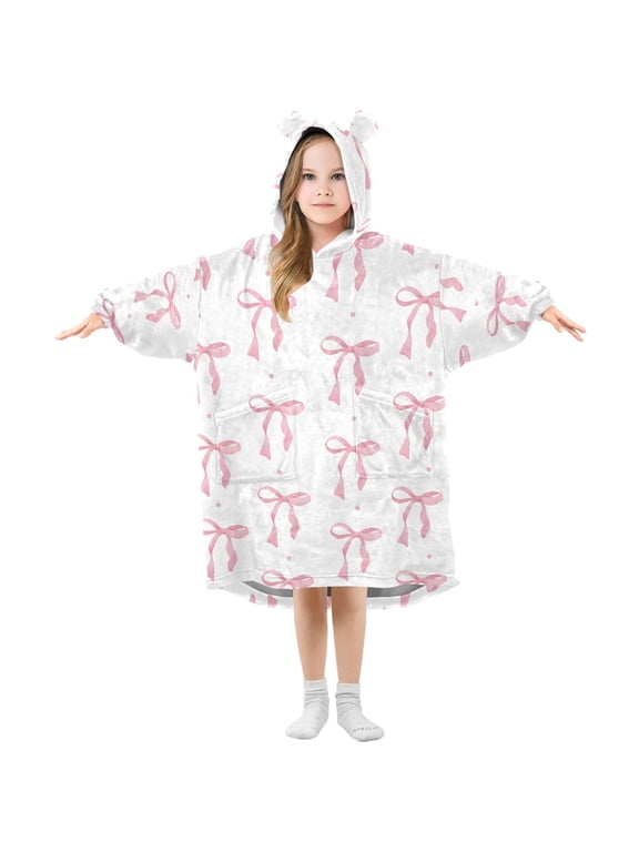 Watercolor Pink Bow Pattern Kids Wearable Blanket Hoodie Toddler Oversized Sherpa Sweatshirt 3-14 YR L