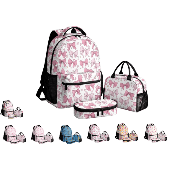 Watercolor Pink Bow School Backpack Elementary Bag Student Bookbag Travel Rucksack(E-Style)
