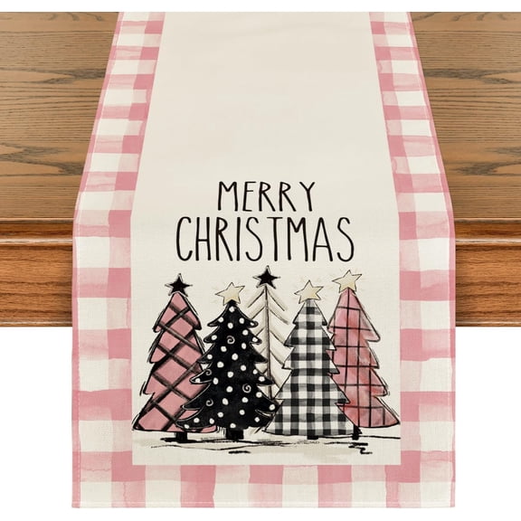 Watercolor Pink Buffalo Plaid Christmas Trees Merry Xmas Table Runner, Seasonal Winter Holiday Kitchen Dining Table Decoration for Indoor Outdoor Home Party Decor 13 x 120 Inch