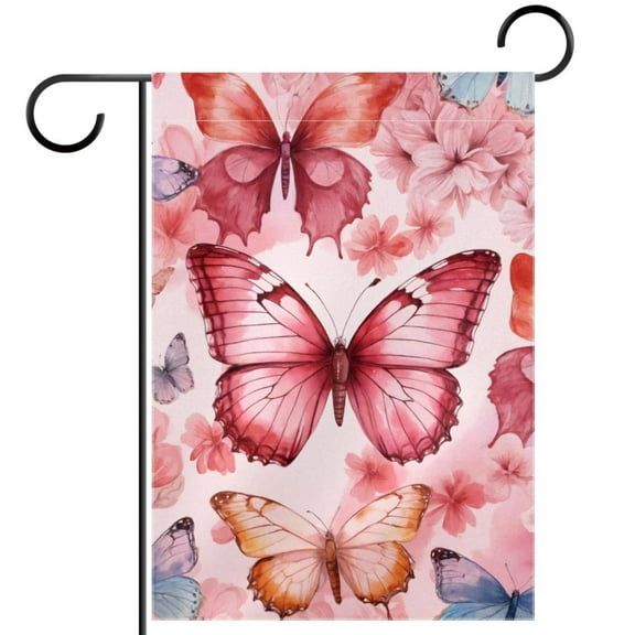 Watercolor Pink Butterflies on Pink Background Decorative Garden Flag for All Seasons, 12 x 18 Inch Small Vertical Double Sided Outside Decoration for Yard Farmhouse