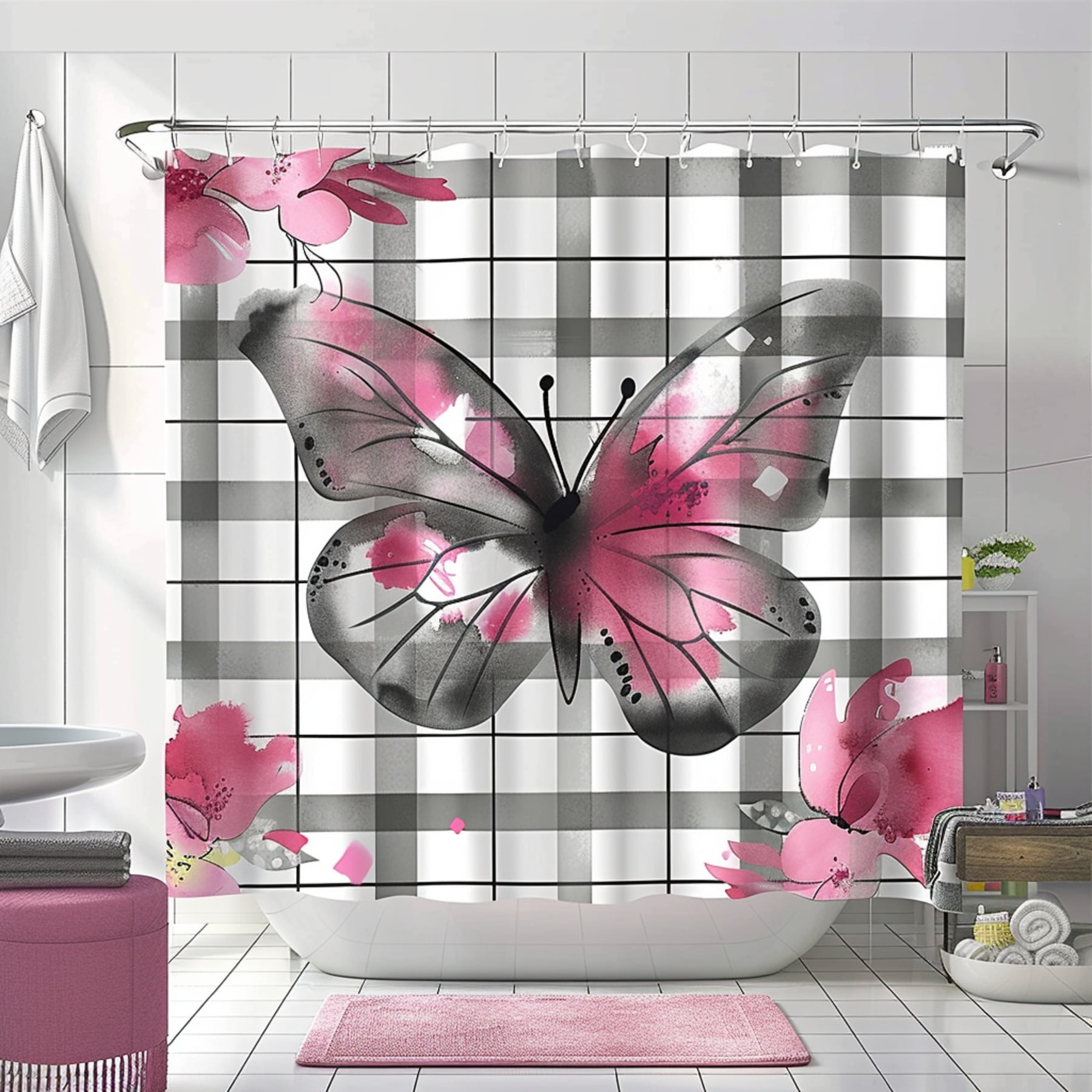 Watercolor Pink Butterfly Bathroom Set with Plaid Background Hot Pink and Gray Accents Soft