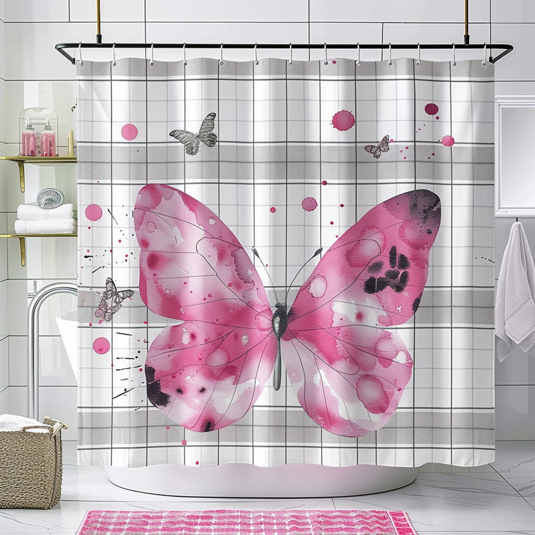 Watercolor Pink Butterfly Shower Curtain Set White Plaid Background Hot Pink & Gray Bathroom ...