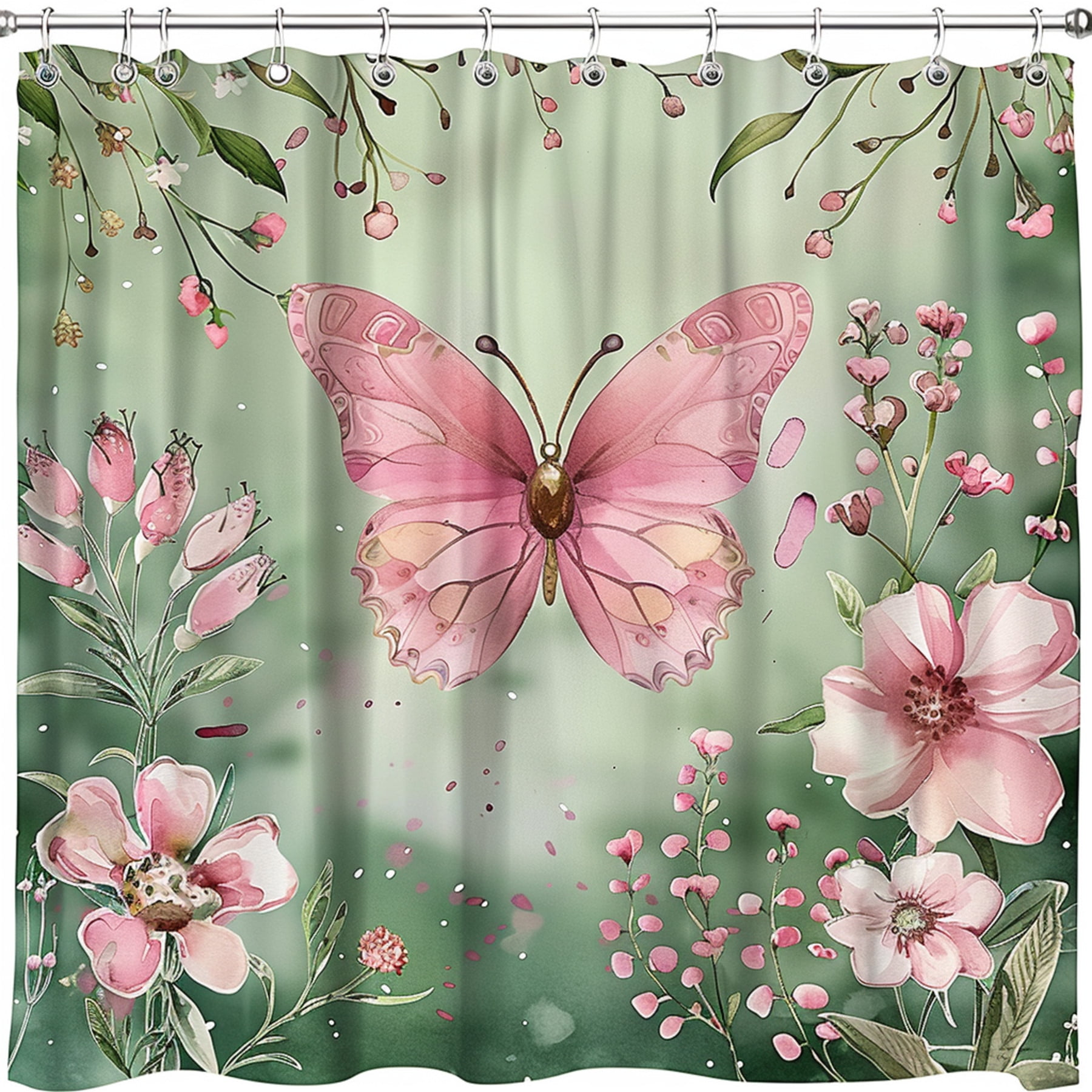 Watercolor Pink Butterfly and Flowers Art Deco Shower Curtain Green ...