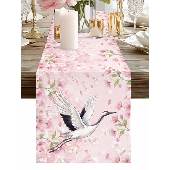 Watercolor Pink Cherry Blossoms White Cranes Table Runner-36 Inch Long Spring Floral Table Runners Linen Burlap Tablerunner for Kitchen Dining Room Holiday Party