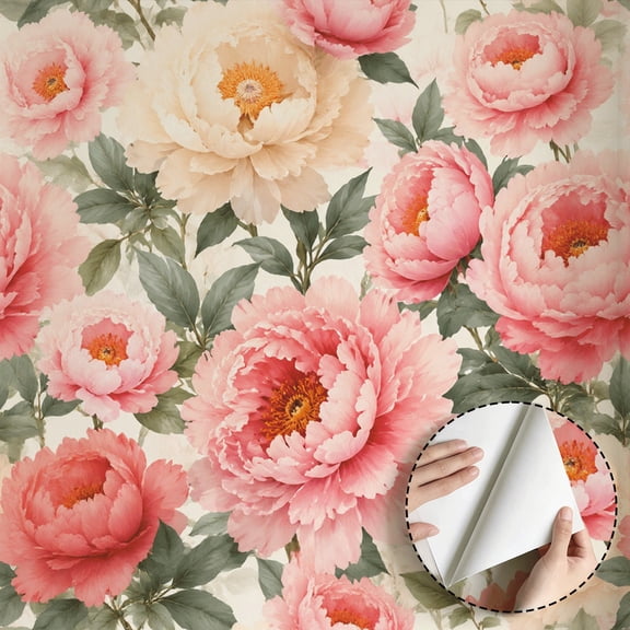 Watercolor Pink Cream Peony Floral Wallpaper Vintage Boho Farmhouse Peel and Stick Wallpaper Contact Paper Waterproof Wall Decor for Bedroom Living Room Kitchen Cabinet Property 17.7 * 78.5 in