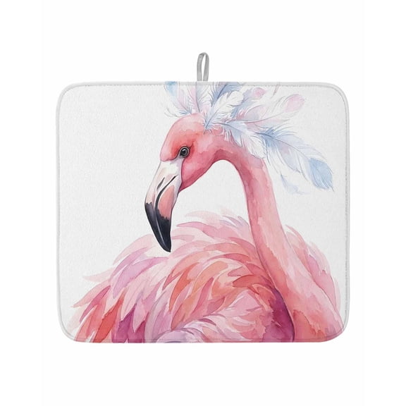 Watercolor Pink Flamingo Feather Dish Drying Mats for Kitchen Counter,Absorbent Microfiber Dish Drainer Rack Mat Animal Close-up Scene Drying Pad for Sinks,Utensils,Countertops,16x18in