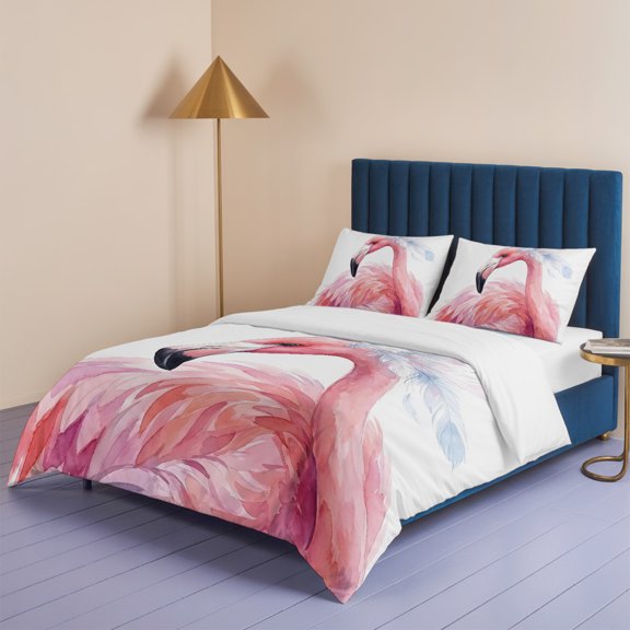 Watercolor Pink Flamingo Feather Queen Size Bed Set,Animal Close-up Scene Bedding for All Seasons,4 Pcs Bed Set,1 Quiltcover (90"x90"),1 Sheet (90"x102"),2 Pillowcases (20"x30")