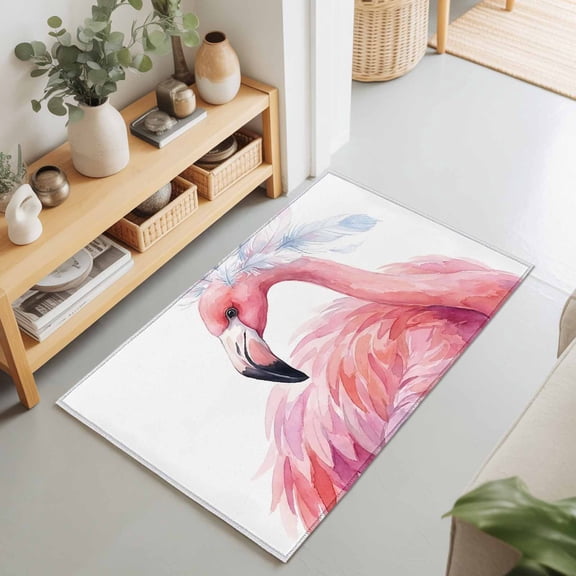 Watercolor Pink Flamingo Feather Rectangle Area Rug 2x3ft,Living Room Rug Non-Slip Washable Circle Rugs Pad,Animal Close-up Scene Soft Floor Carpet for Bedroom Dining Room