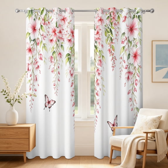 Watercolor Pink Floral Butterfly Blackout Curtains,2 Panels,42x63 Inch,Grommet Top,Room Darkening Thermal Insulated Window Drapes