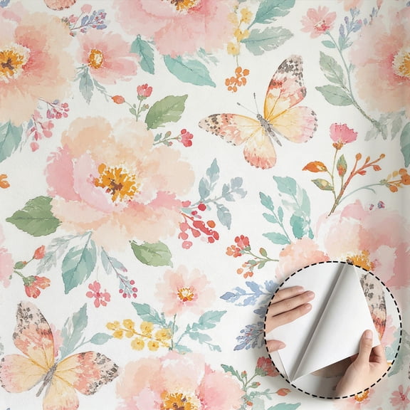 Watercolor Pink Floral Butterfly Wallpaper Boho Farmhouse Modern Peel and Stick Wallpaper Contact Paper Waterproof Removable Wall Decor for Bedroom Living Room Bathroom Dorm Room Shelf 17.7 * 118 in
