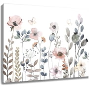Watercolor Pink Floral Canvas Wall Art Rustic Flower Plant Botanical and Butterfly Wall Art for Living Room,Colorful Wildflower Framed Wall Art Bedroom Bathroom