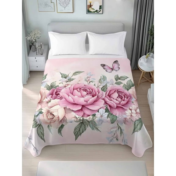 Watercolor Pink Floral King Size Flat Sheet, Wrinkleproof & Fadeproof Cooling Flat Bed Sheet Only, Spring Romantic Roses Butterfly Breathable Soft Bedding Top Sheets 105 x 98 Inches