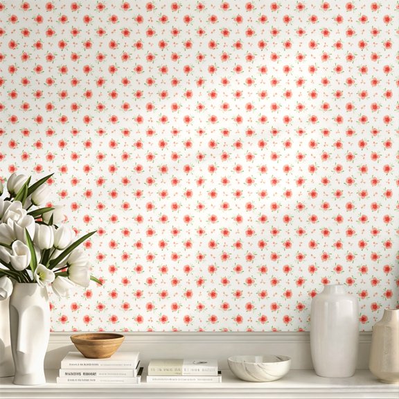Watercolor Pink Floral Pattern Peel and Stick Wallpaper, Farmhouse Cute Boho Wall Art Wall Decor Art Print, Exquisite Wall Decoration for Bedroom Living Room Apartment Home Decor