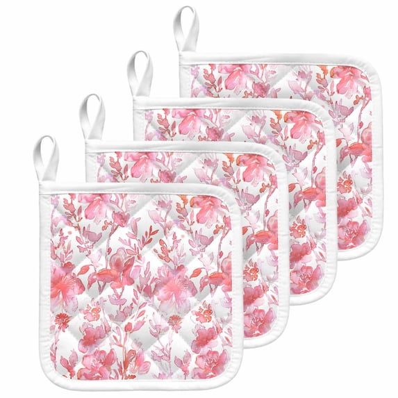 Watercolor Pink Floral Pot Holders for Kitchen Heatproof Potholder, 4 Pack Pink Ombre Botanical Summer Hot Pads Multipurpose Oven Pads Cloth Potholders Trivet for Cooking and Baking