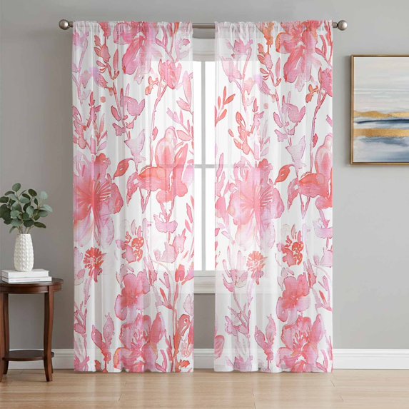 Watercolor Pink Floral Sheer Curtains 72 Inch Length 2 Panels Set, Pink Ombre Botanical Summer Voile Window Treatment Rod Pocket Curtains Sheers Drapes for Bedroom/Living Room/Kitchen 52"x72"x2