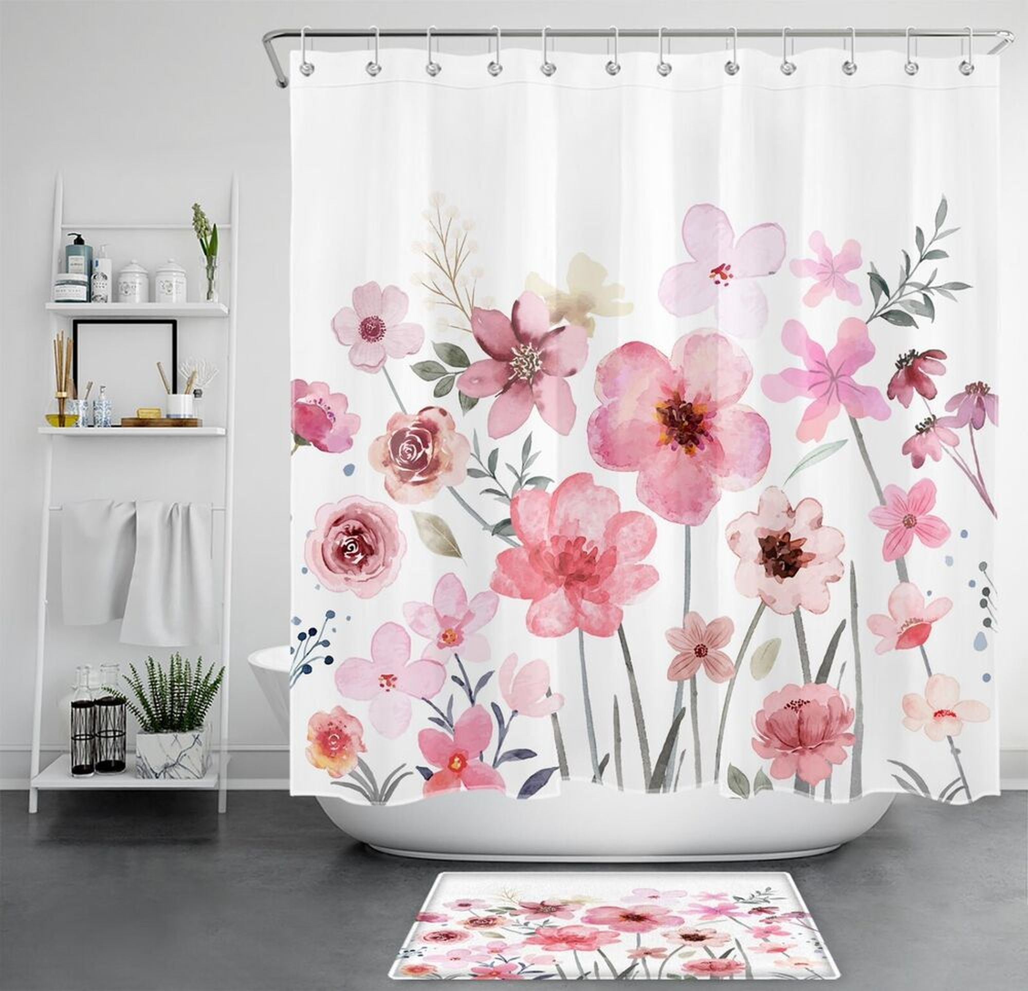 Watercolor Pink Floral Shower Curtain Set Elevate Your Bathroom With Stunning Botanical Beauty 4310