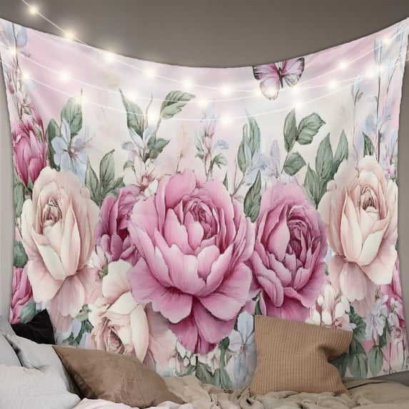 Watercolor Pink Floral Small Tapestry for Bedroom Wall Hanging Tapestry,Spring Romantic Roses Butterfly Ceiling Backdrop Tapestries Poster Blanket Wall Decor for Teens Room Living Room Dorm 23" x 28"