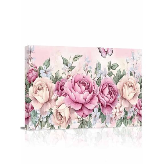 Watercolor Pink Floral Wall Art for Living Room,Canvas Picture Wall Decor for Bathroom Bedroom,Spring Romantic Roses Butterfly Painting Artwork for Office Kitchen Hallway Dining Room Decor 12"x16"
