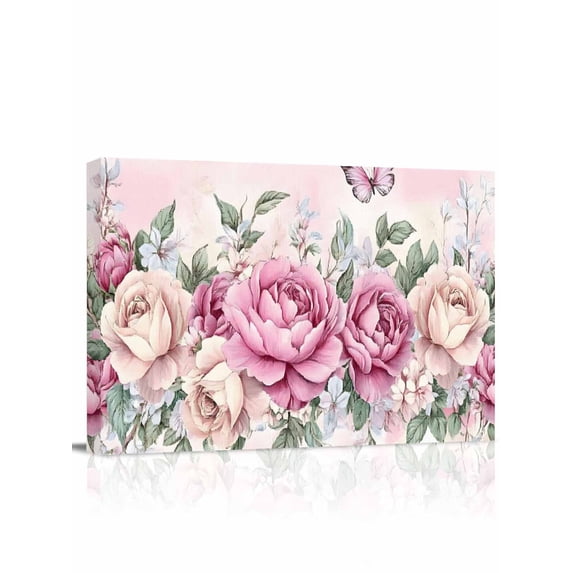 Watercolor Pink Floral Wall Art for Living Room,Canvas Picture Wall Decor for Bathroom Bedroom,Spring Romantic Roses Butterfly Painting Artwork for Office Kitchen Hallway Dining Room Decor 16"x20"