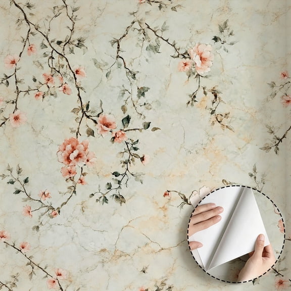 Watercolor Pink Floral Wallpaper Vintage Rustic Boho Peel and Stick Waterproof Wallpaper, Removable Wall Paper for Home Decor Bedroom Living Room Bathroom Kitchen Cabinet Drawer 17.7*78.7 in
