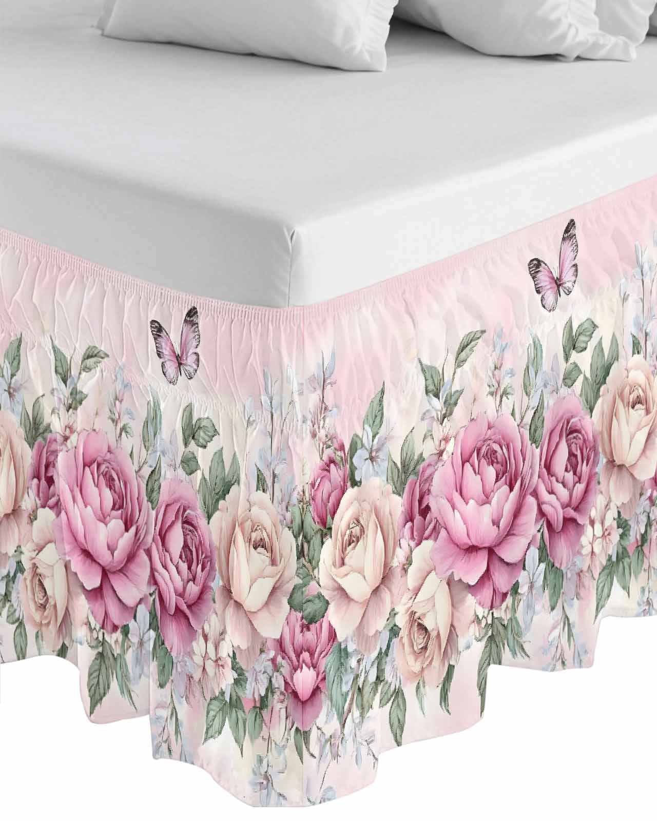 Watercolor Pink Floral Wrap Around Bed Skirts for Queen Bed 18" Drop,Bed Skirt with Adjustable Elastic Belt Dust Ruffle Bed Valance for Bedroom Hotel Spring Romantic Roses Butterfly Bed Frame Cover