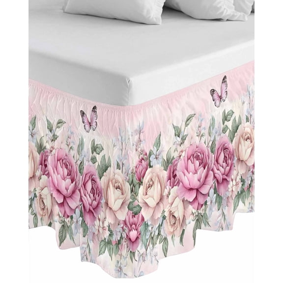 Watercolor Pink Floral Wrap Around Bed Skirts for Queen Bed 18" Drop,Bed Skirt with Adjustable Elastic Belt Dust Ruffle Bed Valance for Bedroom Hotel Spring Romantic Roses Butterfly Bed Frame Cover